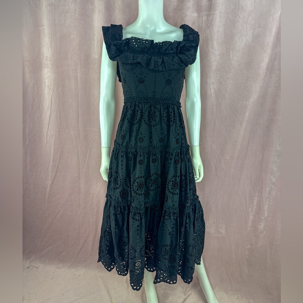 Zara Womens 100% Cotton Black Floral Eyelet Maxi Dress Size XS Off The Shoulder - Picture 2 of 8